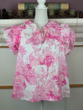 Crown & Ivy NWOT hot pink toile blouse w/ layered puff sleeves, lined